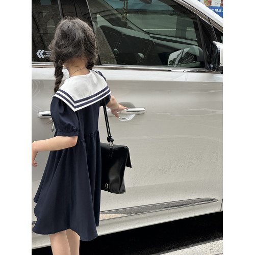 波拉韓國童裝女童海軍領連衣裙2025夏兒童撞色公主裙女寶A字裙子