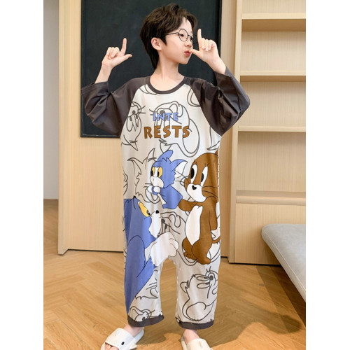 兒童睡衣男童連體衣春夏秋純棉長袖薄款家居服男童女孩連體睡衣棉