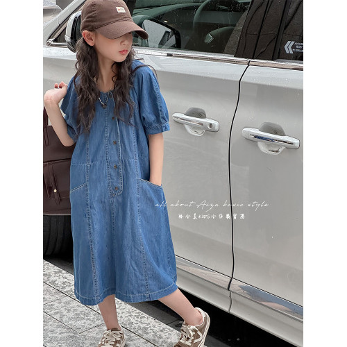 韓國童裝女童牛仔連衣裙夏裝兒童短袖裙子2025新款中大童女孩夏季