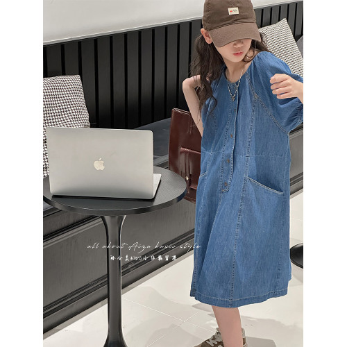 韓國童裝女童牛仔連衣裙夏裝兒童短袖裙子2025新款中大童女孩夏季