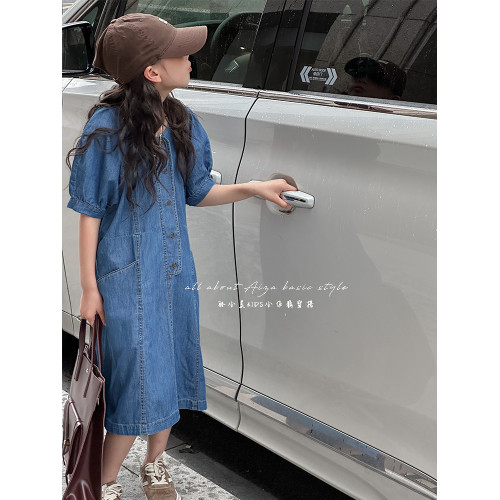 韓國童裝女童牛仔連衣裙夏裝兒童短袖裙子2025新款中大童女孩夏季