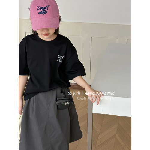 波拉韓童裝女童字母短袖t恤2025夏季兒童寬松上衣中大童洋氣衣服