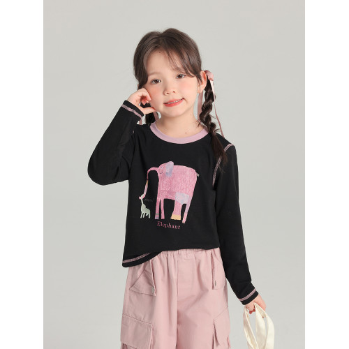 布丁哈魯秋裝女童2026春秋新款兒童卡通撞色圓領長袖T恤打底衫