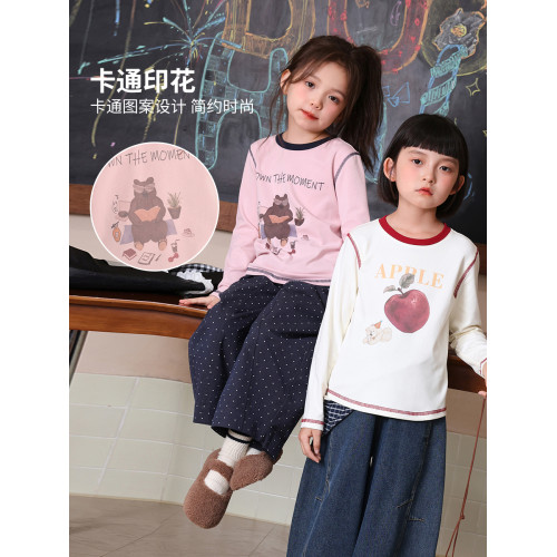 布丁哈魯秋裝女童2026春秋新款兒童卡通撞色圓領長袖T恤打底衫