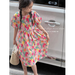 鬱金香女童連衣裙2025夏裝新款兒童裙子碎花裙時髦女孩短袖公主裙