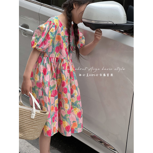 鬱金香女童連衣裙2025夏裝新款兒童裙子碎花裙時髦女孩短袖公主裙