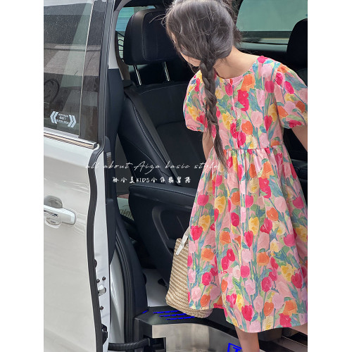 鬱金香女童連衣裙2025夏裝新款兒童裙子碎花裙時髦女孩短袖公主裙