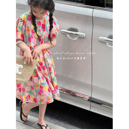 鬱金香女童連衣裙2025夏裝新款兒童裙子碎花裙時髦女孩短袖公主裙