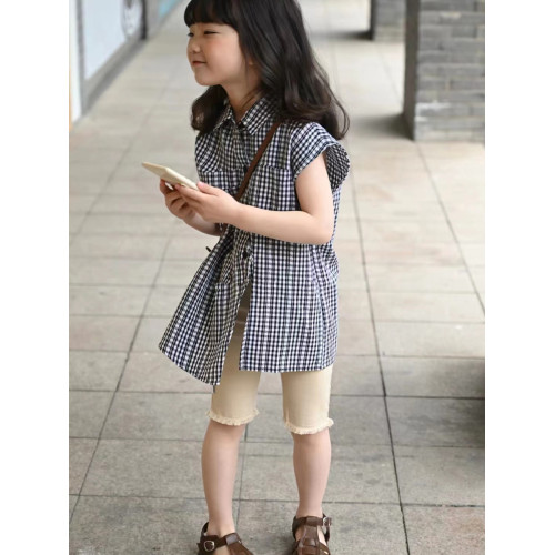 波拉韓童裝女童格子襯衫2025夏季兒童短袖襯衣薄款中長款無袖上衣