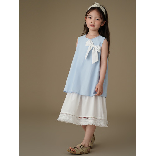 哈齒童裝兒童夏裝新款甜美蝴蝶結假兩件連衣裙女童背心裙涼感透氣