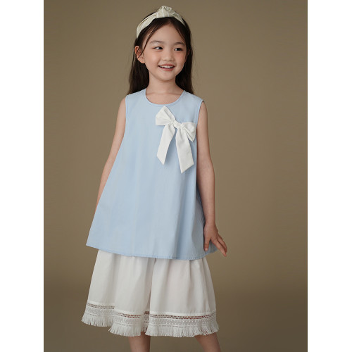 哈齒童裝兒童夏裝新款甜美蝴蝶結假兩件連衣裙女童背心裙涼感透氣