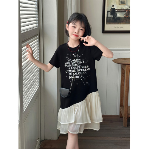 女童夏裝連衣裙2025新款洋氣兒童夏季短袖T恤女孩休閒拼接裙子潮