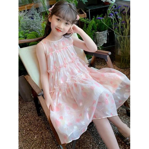 女童無袖連衣裙夏裝2024新款洋氣兒童夏季裙子女孩碎花公主