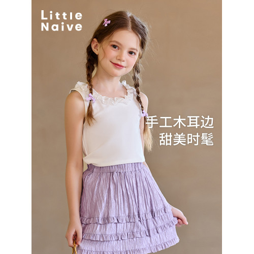 Little Naive兒童T恤夏季新款撞色木耳邊背心女童防曬涼感上衣