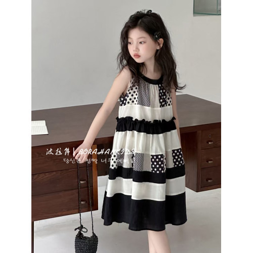 波拉韓女童連衣裙2025新款兒童夏季裙子中大童洋氣背心裙掛脖長裙