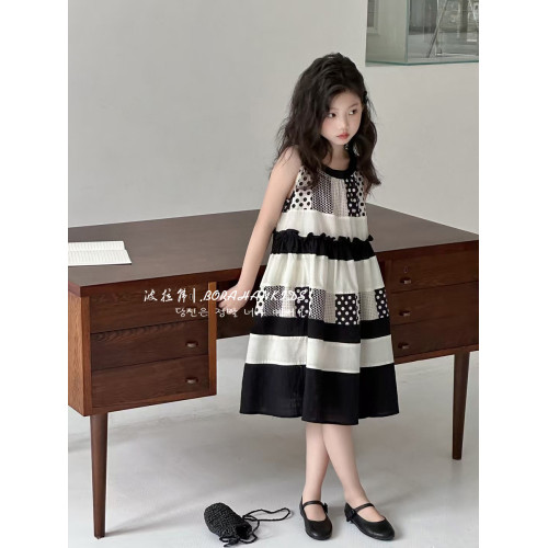 波拉韓女童連衣裙2025新款兒童夏季裙子中大童洋氣背心裙掛脖長裙