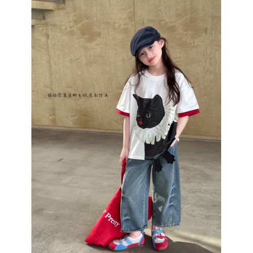 【貓貓出沒】藍小爸童裝女童設計感短袖夏季新款兒童時尚寬松上衣