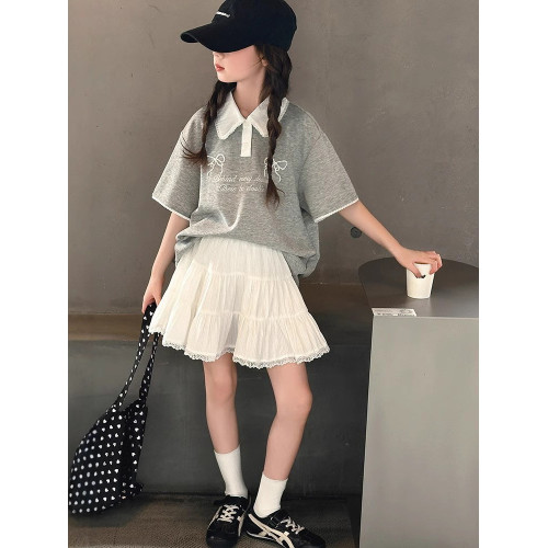 女童短袖t恤夏裝polo衫2025新款9中大童蝴蝶結刺綉上衣翻領體恤衫