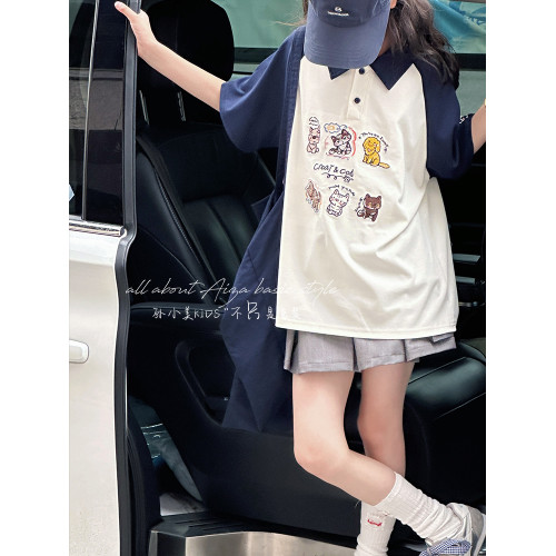 孫小美kids 韓系撞色女童夏裝polo衫短袖2025新款兒童T恤洋氣上衣