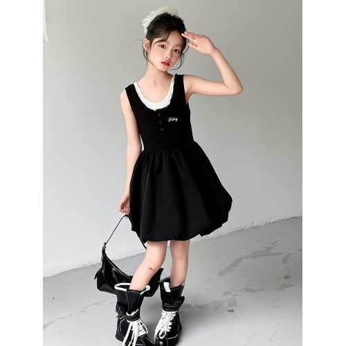 女童夏季連衣裙2025新款女大童韓系穿搭高級感小黑裙兒童無袖裙子