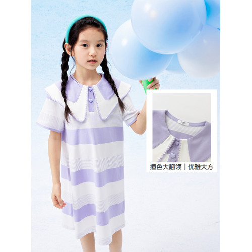 巴拉巴拉女童裙子兒童連衣裙新款夏裝中大童條紋撞色大翻領可愛潮