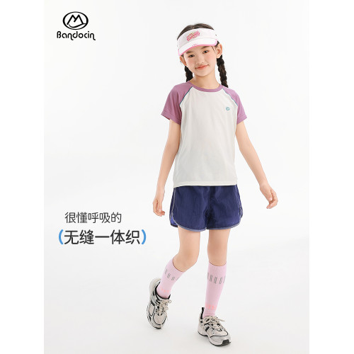 半度閒女童夏季涼感薄款短袖t恤洋氣2025新款兒童夏裝運動一體織T