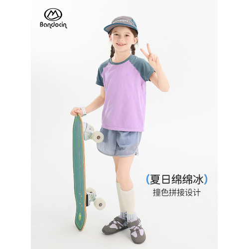 半度閒女童夏季涼感薄款短袖t恤洋氣2025新款兒童夏裝運動一體織T