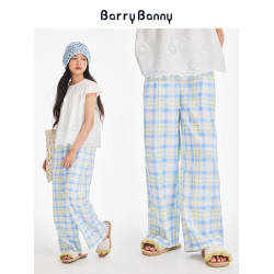 BarryBanny女童藍黃格子濶腿褲2025夏季新款兒童透氣中大童直筒褲