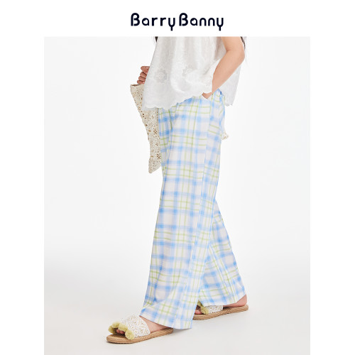 BarryBanny女童藍黃格子濶腿褲2025夏季新款兒童透氣中大童直筒褲