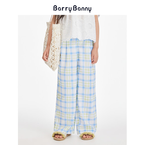 BarryBanny女童藍黃格子濶腿褲2025夏季新款兒童透氣中大童直筒褲