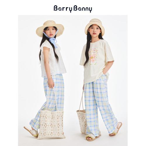 BarryBanny女童藍黃格子濶腿褲2025夏季新款兒童透氣中大童直筒褲