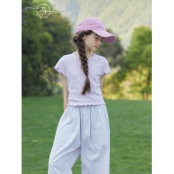 女童木耳邊花邊修身短袖T恤大童2026夏季新款輕薄設計感短款上衣