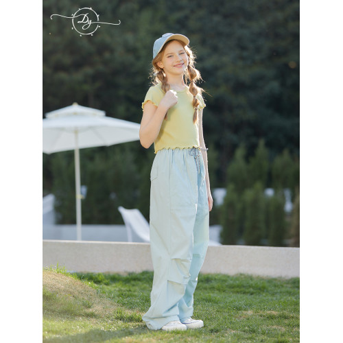 女童木耳邊花邊修身短袖T恤大童2026夏季新款輕薄設計感短款上衣