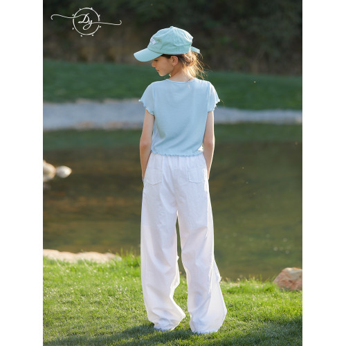 女童木耳邊花邊修身短袖T恤大童2026夏季新款輕薄設計感短款上衣