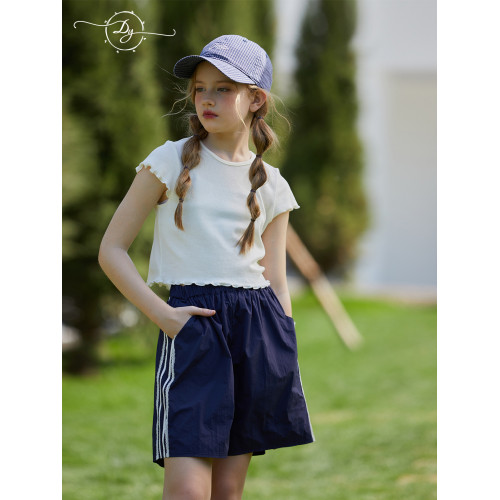 女童木耳邊花邊修身短袖T恤大童2026夏季新款輕薄設計感短款上衣