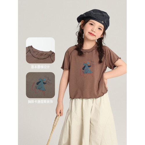 布丁哈魯童裝女童洋氣短袖2026夏季新款兒童卷邊針織卡通半袖T恤