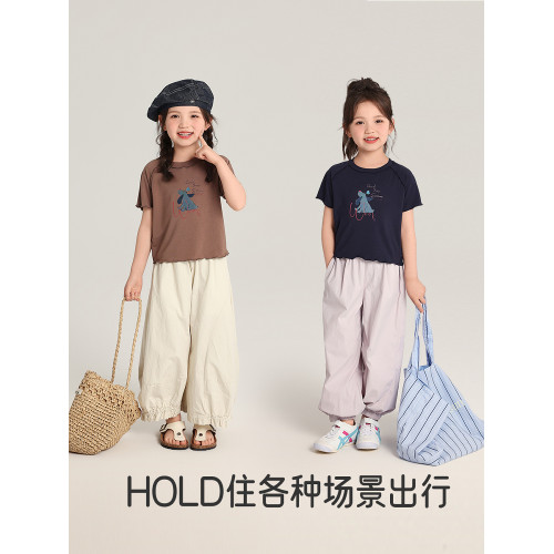 布丁哈魯童裝女童洋氣短袖2026夏季新款兒童卷邊針織卡通半袖T恤