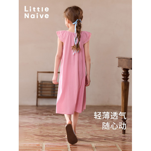 Little Naive女童夏季新款甜美連衣裙兒童雙層花邊袖萊賽爾裙子