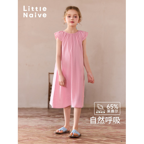 Little Naive女童夏季新款甜美連衣裙兒童雙層花邊袖萊賽爾裙子
