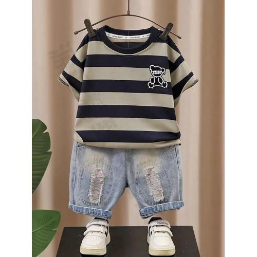 男童夏裝套裝2025新款兒童裝痞帥氣小童洋氣男孩條紋衣服短袖夏季