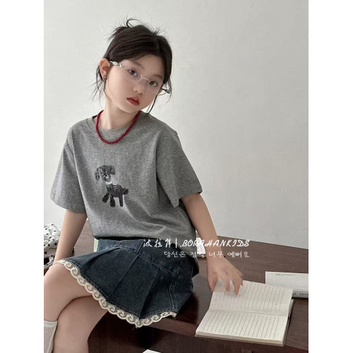 波拉韓女童短袖新款T恤2025兒童夏季純棉上衣小女孩半袖t圓領體恤