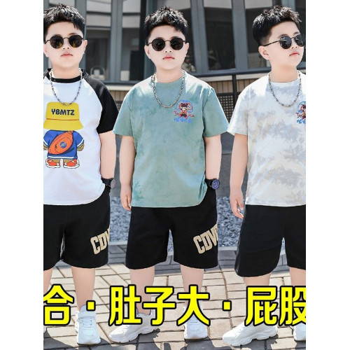 安哼安哼胖童裝夏季套裝小胖墩7-15嵗男童加肥加大寬松大碼短袖短