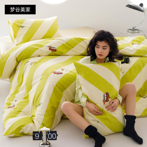 少女心綠色純棉被套單件簡約全棉床上三四件套雙人被罩1.8m床笠款