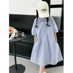 波拉韓國童裝女童純色襯衫裙2025夏季兒童學院風連衣裙寬松A字裙