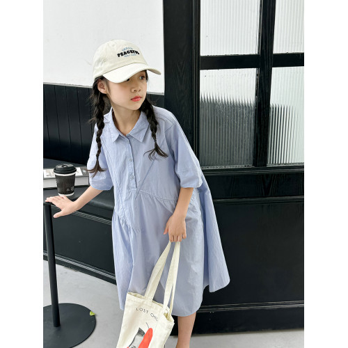 波拉韓國童裝女童純色襯衫裙2025夏季兒童學院風連衣裙寬松A字裙