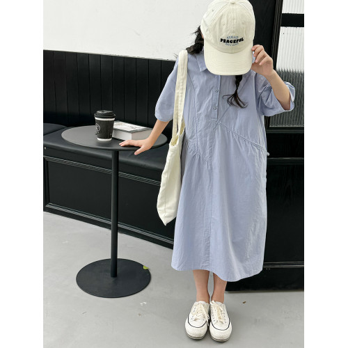 波拉韓國童裝女童純色襯衫裙2025夏季兒童學院風連衣裙寬松A字裙