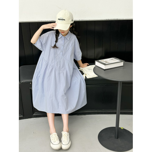 波拉韓國童裝女童純色襯衫裙2025夏季兒童學院風連衣裙寬松A字裙