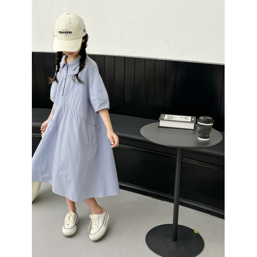 波拉韓國童裝女童純色襯衫裙2025夏季兒童學院風連衣裙寬松A字裙