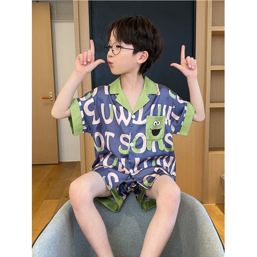 兒童睡衣男童夏季冰絲短袖大童男孩新款卡通家居服薄款親子套裝