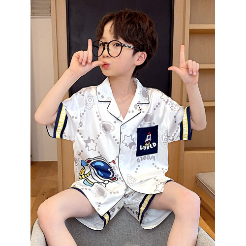 兒童睡衣男童夏季冰絲短袖大童男孩新款卡通家居服薄款親子套裝